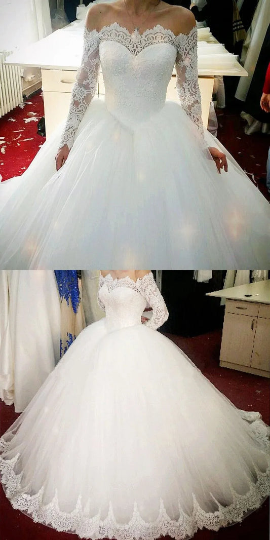 Boat Neck Ball Gown Long Sleeve Lace Wedding Dress For Women