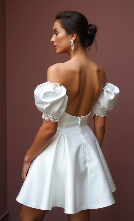 Chic Short Wedding Dress and Mini Dress with a Square Cut and Puff Sleeves