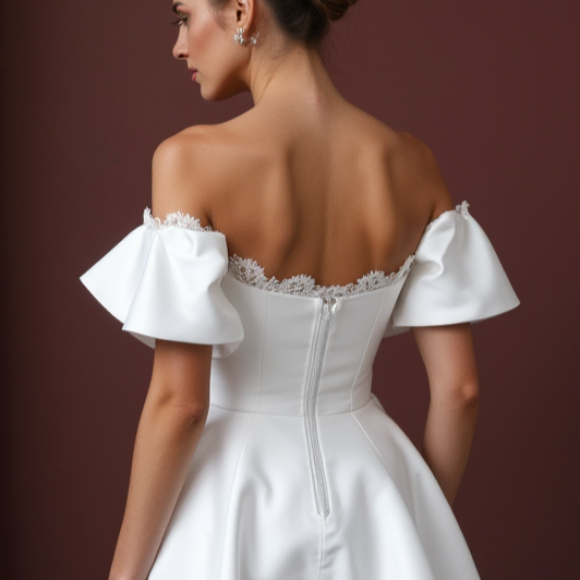 Playful Short Wedding Dress and Mini Dress with a Ruffled Neckline for a Unique Style