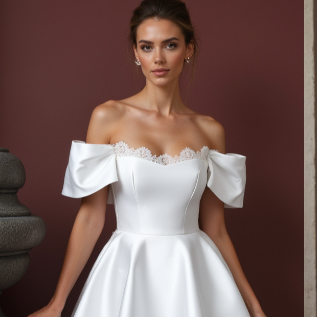 Playful Short Wedding Dress and Mini Dress with a Ruffled Neckline for a Unique Style