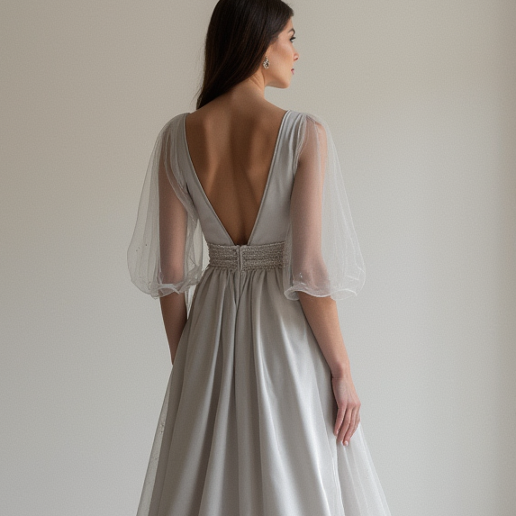 Dreamy Grey Evening Dress & Prom Dress with Starry Embellishments and Flowing Cape