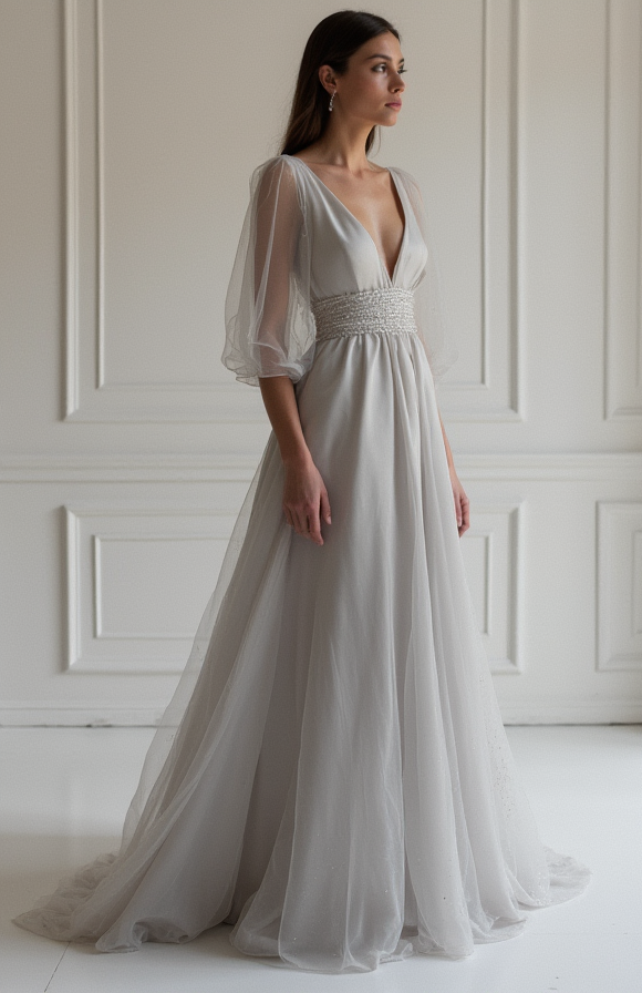 Dreamy Grey Evening Dress & Prom Dress with Starry Embellishments and Flowing Cape