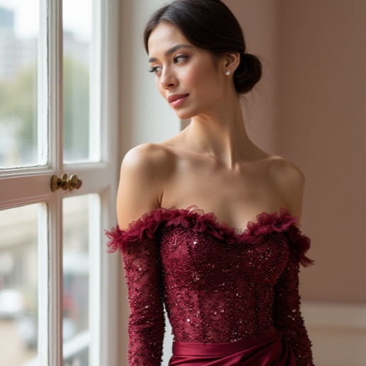 Romantic Red Evening Dress & Prom Dress with Vintage Ruffle Accents