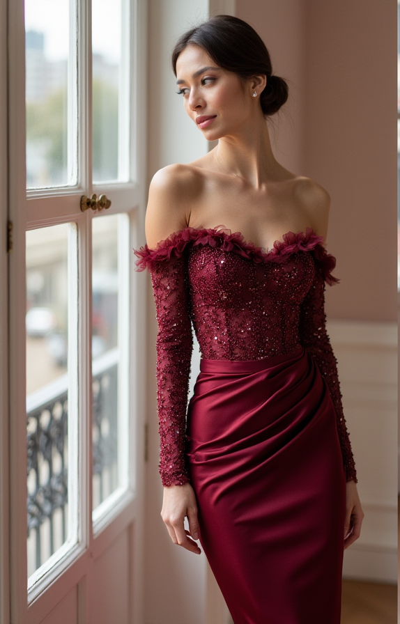 Romantic Red Evening Dress & Prom Dress with Vintage Ruffle Accents