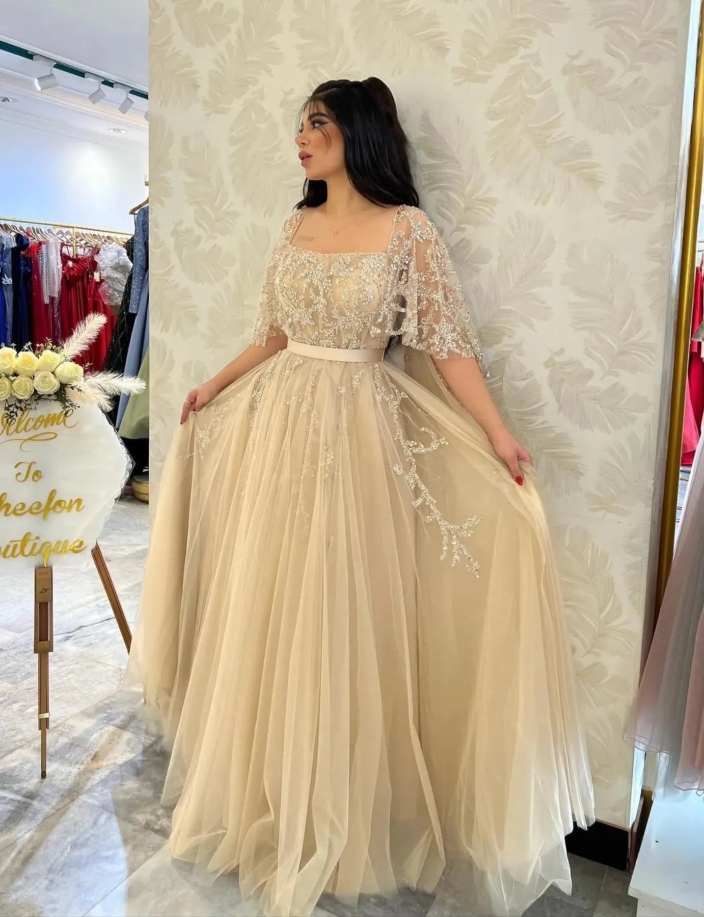 Champagne Appliques Lace Saudi Arabia Prom Dresses Cap Sleeves A Line Formal Evening Gowns Women Special Party Dress