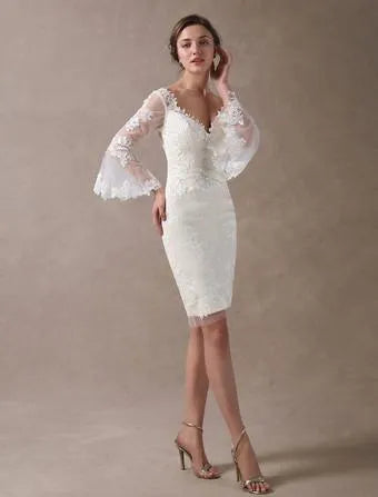 Ivory Satin Short Wedding Dress Modern Princess White Vestido De Novia Satin Mermaid Bridal Gowns ow Satin Court Train Sleeves Bridal Gown