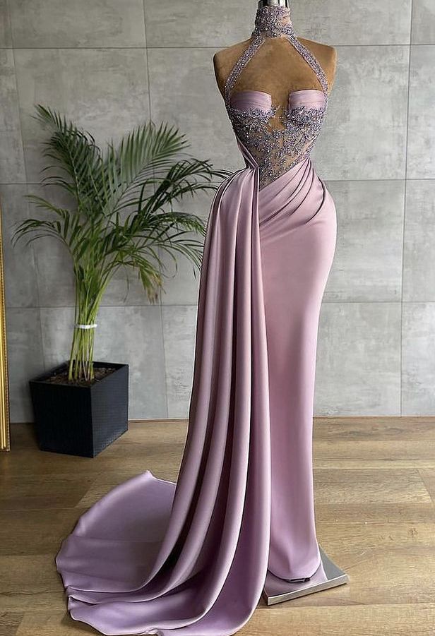 Robe de soirée sirène en dentelle lilas, col haut, en satin, robe de b