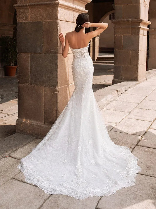 Luxury Long Mermaid Tulle Wedding Dress Sexy Sweetheat Appliques Lace Pleat Sleeveless Vintage Backless Button Bridal Growns