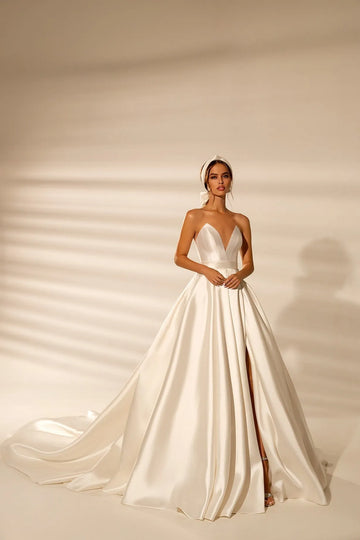 Sexy Satin Wedding Dresses Formal Women's V Neck Sleeveless Backless Sweep Train Bridal Gowns Elegant Party Vestidos Para Mujer White