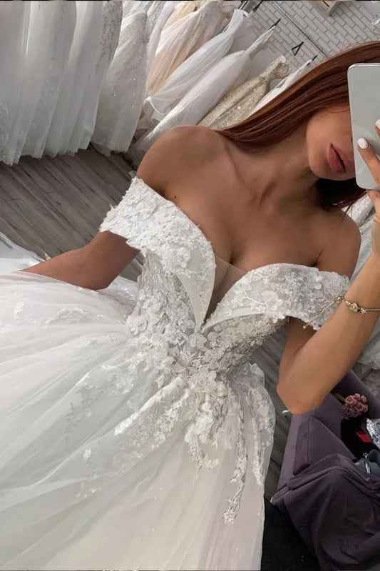 Classic Off Shoulders Wedding Dresses Lace Appliques Glitter Tulle Princess Bridal Gown Robe Custom Made Vestido De Novia