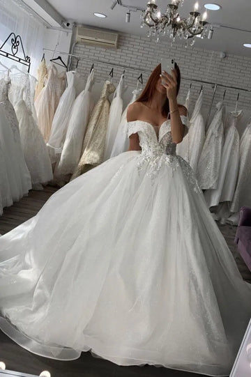 Classic Off Shoulders Wedding Dresses Lace Appliques Glitter Tulle Princess Bridal Gown Robe Custom Made Vestido De Novia Beige