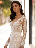 Modern Lace Mermaid Wedding Dress Long Sleeve V-Neck Sexy Illusion Back Bridal Gown Sexy Deep V Neck Vestidos De Novia Modernos