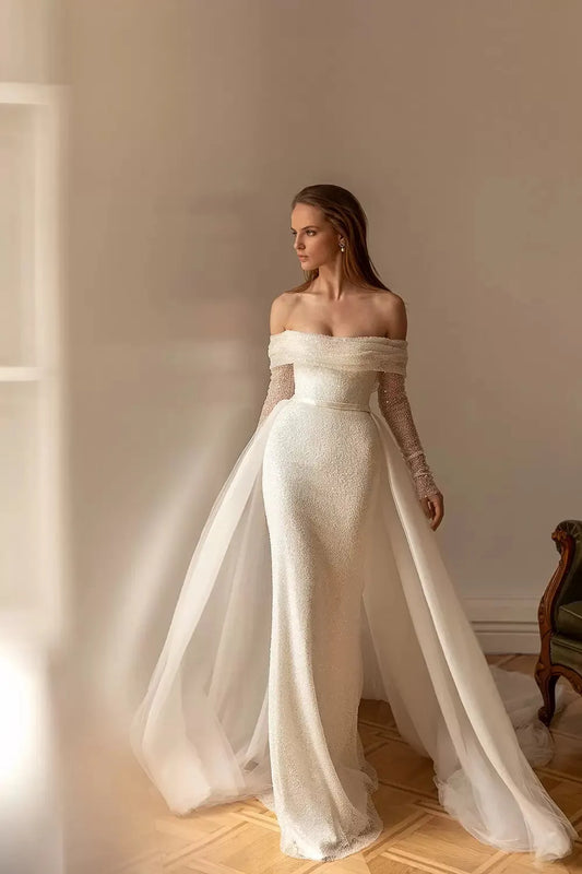 Modern Sexy Mermaid Wedding Dress Glitter Shiny Tulle Long Sleeveless For Women Bridal Gowns Vestido De Noiva