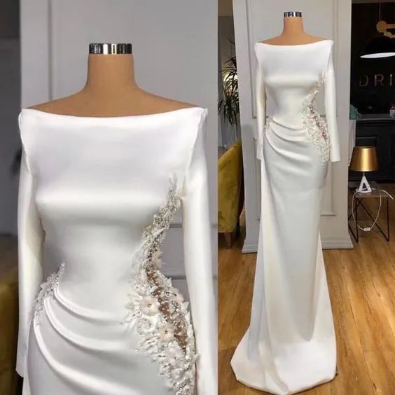 Simple Mermaid Wedding Dress Boat Neck Long Sleeves Soft Satin Applique Beading Women Bridal Gowns Custom Made Vestidos De Noiva Black