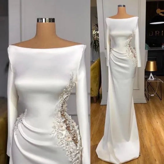 Simple Mermaid Wedding Dress Boat Neck Long Sleeves Soft Satin Applique Beading Women Bridal Gowns Custom Made Vestidos De Noiva Black