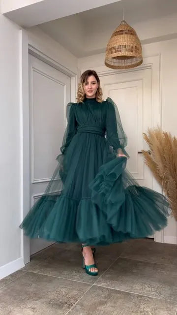 A Line Tulle Prom Dresses Lined Long Sleeves Ankle Length Midi Evening Gowns Formal Women Occasion Party Dress Green