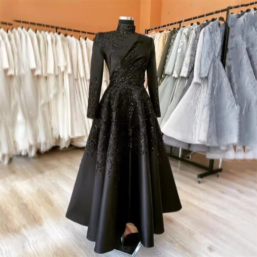 Modest Black Sequins Glitter Fabric Prom Dress Long Sleeves A-Line vestidos de fiesta Muslim High Neck