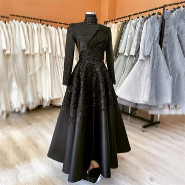 Modest Black Sequins Glitter Fabric Prom Dress Long Sleeves A-Line vestidos de fiesta Muslim High Neck