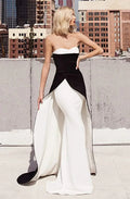 Vintage Black White Mermaid Satin Prom Dress Strapless Pleated Floor Length Sheath Evening Dress vestido de gala