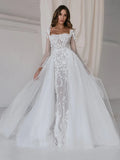 Graceful Wedding Dresses With Detachable Train Square Collar Mermaid Lace Appliques Full Sleeves Vintage Robes Vestidos De Novia