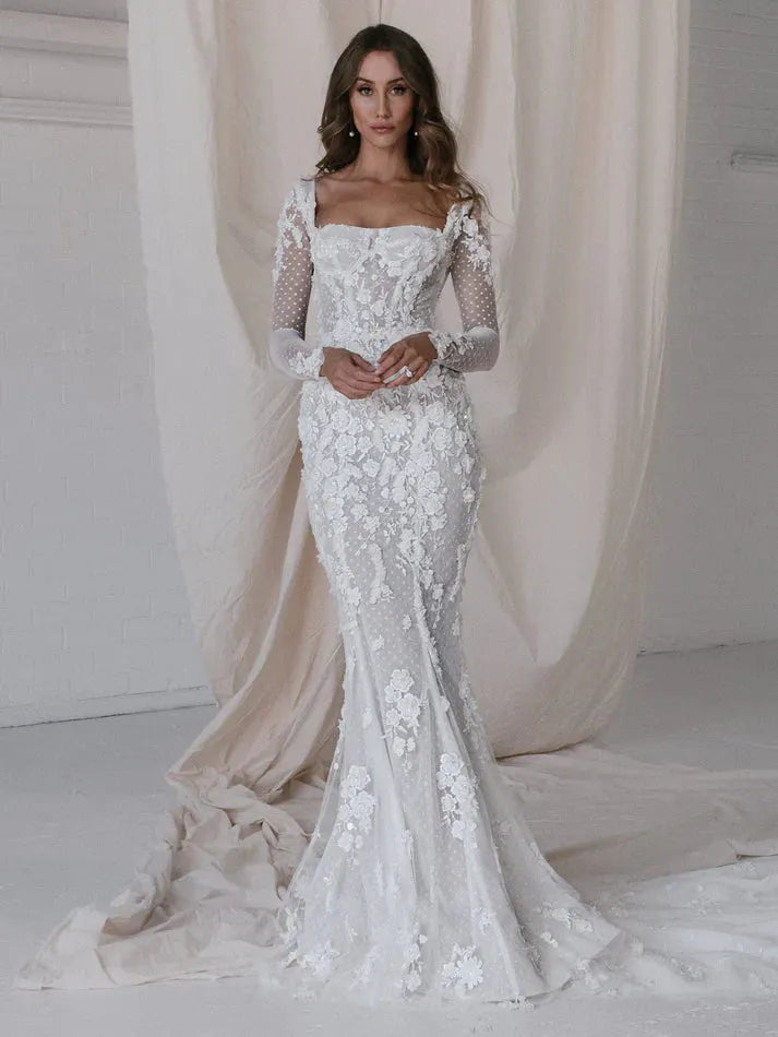 Graceful Wedding Dresses With Detachable Train Square Collar Mermaid Lace Appliques Full Sleeves Vintage Robes Vestidos De Novia Ivory