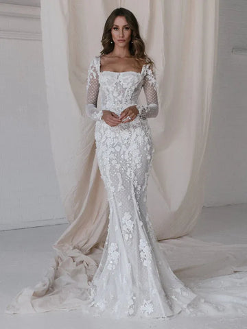 Graceful Wedding Dresses With Detachable Train Square Collar Mermaid Lace Appliques Full Sleeves Vintage Robes Vestidos De Novia Ivory