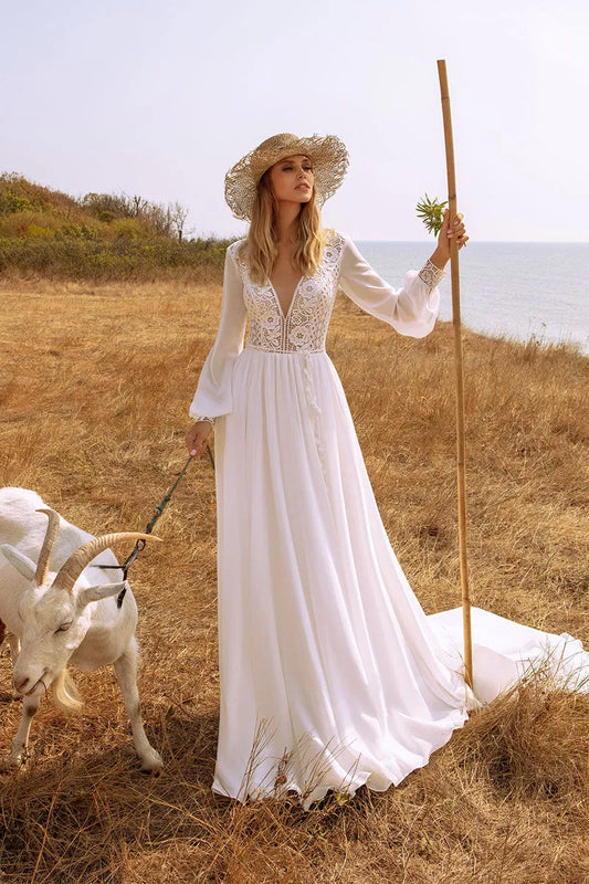 Boho Deep V-Neck Wedding Dress Chiffon Long Lantern Sleeve Lace Appliques Simple Belt Bride Gown Backless Train Vestido De Novia