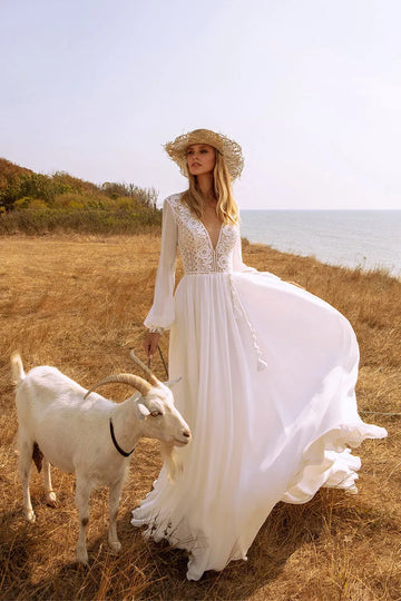 Boho Deep V-Neck Wedding Dress Chiffon Long Lantern Sleeve Lace Appliques Simple Belt Bride Gown Backless Train Vestido De Novia Ivory