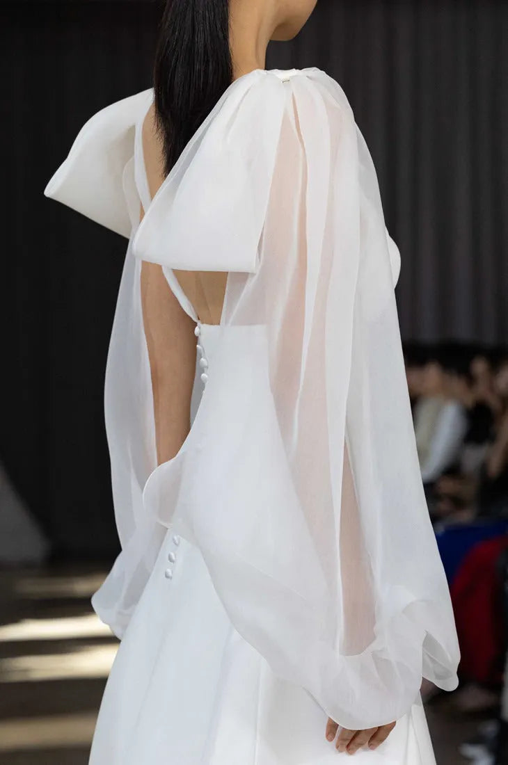 Romantic Balloon Sleeve Wedding Dress Princess Dress Court Vestido De Novia Satin Train Mermaid Simple Bow Bridal Gown