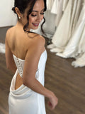 Simple Strapless Straight Neckline Wedding Dress Vestido De Novia Satin Skirt Bow Court Train Dress Bridal Gown