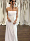 Simple Strapless Straight Neckline Wedding Dress Vestido De Novia Satin Skirt Bow Court Train Dress Bridal Gown
