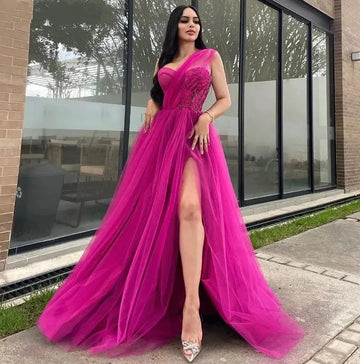 Purple Pink Sexy One Shoulder Side Split Prom Dress Glitter Sequins On Chest Tulle Prom Gown