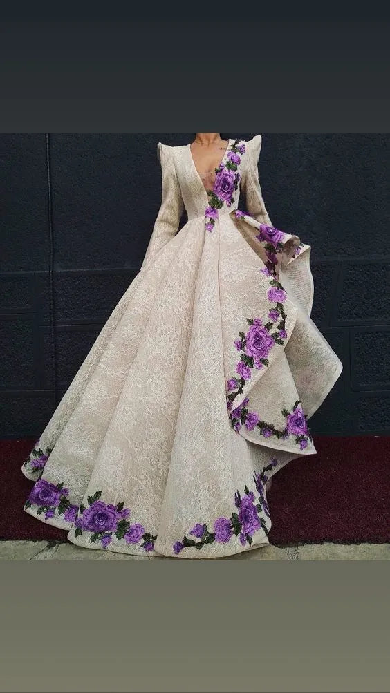 Arabic Dubai High Low Lace Prom Dresses V Neck Flowers Long Sleeves Evening Dress Women Formal Gown vestidos de fiesta