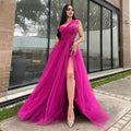 Purple Pink Sexy One Shoulder Side Split Prom Dress Glitter Sequins On Chest Tulle Prom Gown