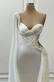 Pearls Mermaid Wedding Dress One Shoulder Long Sleeve Satin Illusion Bridal GownsTiered Pleats Vestido De Noiva Custom Made