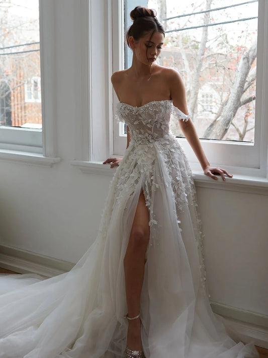 Gorgeous Beautiful Off Shoulder Bohemia High Split Wedding Dresses Spaghetti Straps Beach Bridal Gown Sweep Train Robe Custom