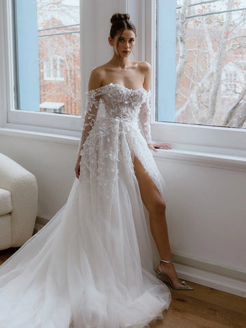 Gorgeous Beautiful Off Shoulder Bohemia High Split Wedding Dresses Spaghetti Straps Beach Bridal Gown Sweep Train Robe Custom Custom Color