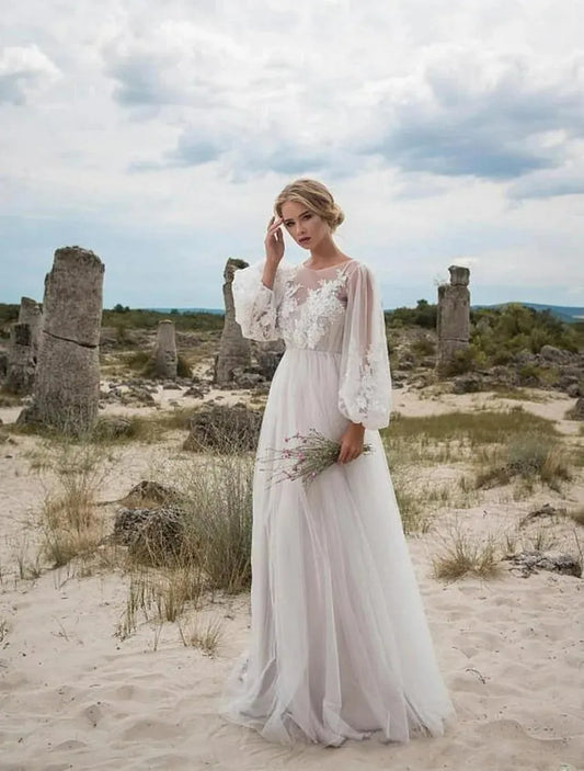 Vintage Wedding Dresses Bohemia A-Line Bridal Gowns Illusion Tulle Robes Lace Appliques Floor Length Pretty Vestidos De Novia Ivory