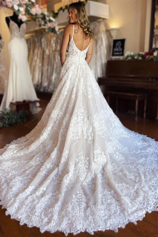 Gorgeous Beach Wedding Dresses For Women Bridal Gown Spaghetti Straps Sleeveless Lace Applique Tulle A Line Robes De Mariée