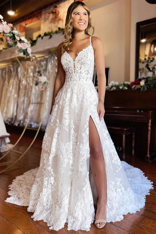 Gorgeous Beach Wedding Dresses For Women Bridal Gown Spaghetti Straps Sleeveless Lace Applique Tulle A Line Robes De Mariée As Picture