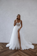 Beach Elegant Wedding Dresses Split Backless Lace Appliques Bridal Gown Square Neck Boho Spaghetti Straps