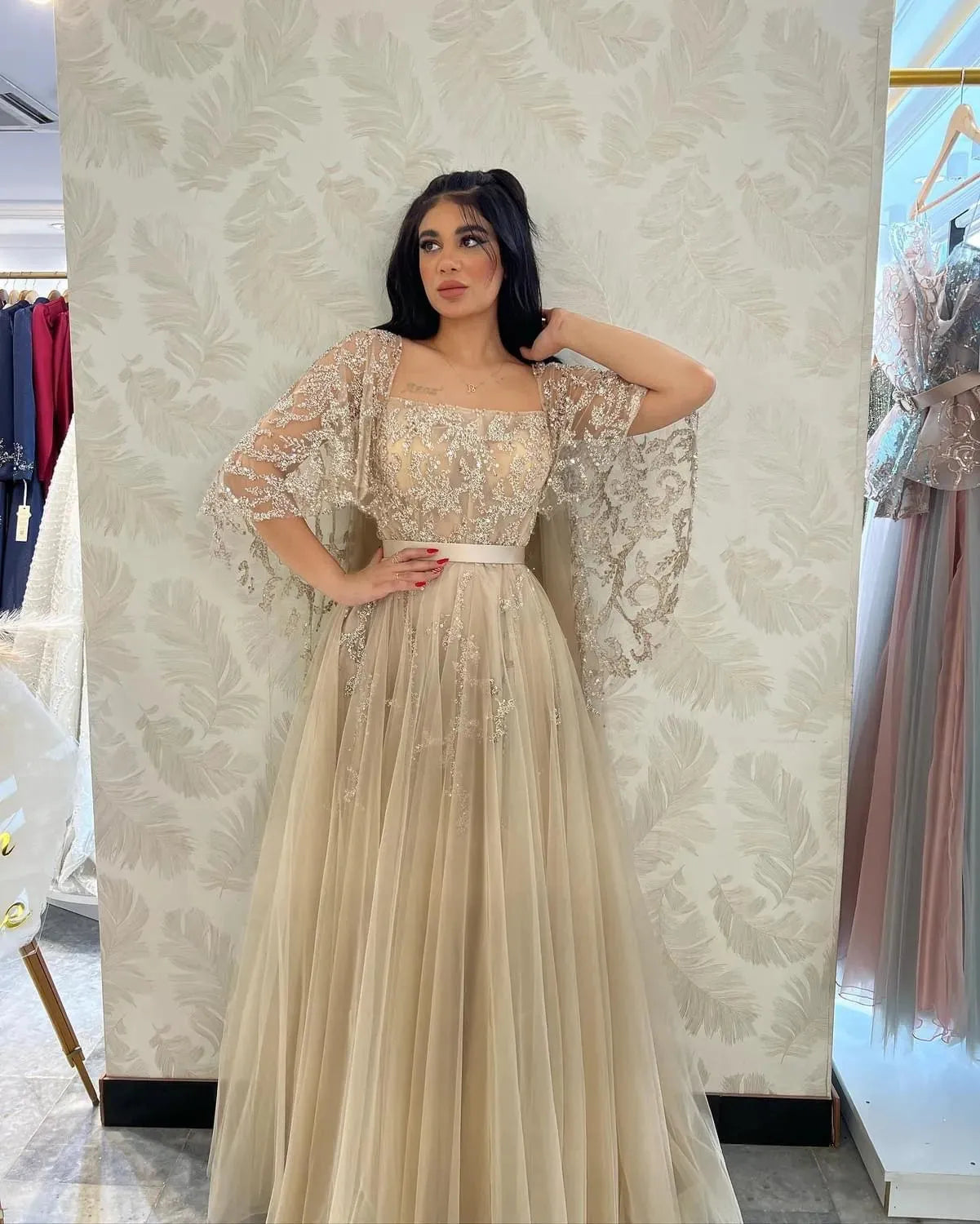 Champagne Appliques Lace Saudi Arabia Prom Dresses Cap Sleeves A Line Formal Evening Gowns Women Special Party Dress