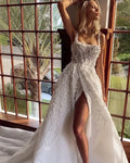 Simple Off Shoulder Sleeveless A Line Wedding Dresses Spaghetti Straps Square Collar Sexy Side Slit Bridal Gowns Custom Made