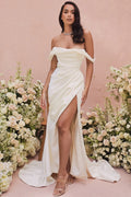 Elegant Off Shoulder Mermaid Backless Wedding Dress Side Split Bride Gown Sweep Train Satin Zipper Pleat Vestido De Novia As Picture