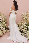 Elegant Off Shoulder Mermaid Backless Wedding Dress Side Split Bride Gown Sweep Train Satin Zipper Pleat Vestido De Novia