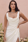 Elegant Off Shoulder Mermaid Backless Wedding Dress Side Split Bride Gown Sweep Train Satin Zipper Pleat Vestido De Novia