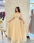 Champagne Appliques Lace Saudi Arabia Prom Dresses Cap Sleeves A Line Formal Evening Gowns Women Special Party Dress