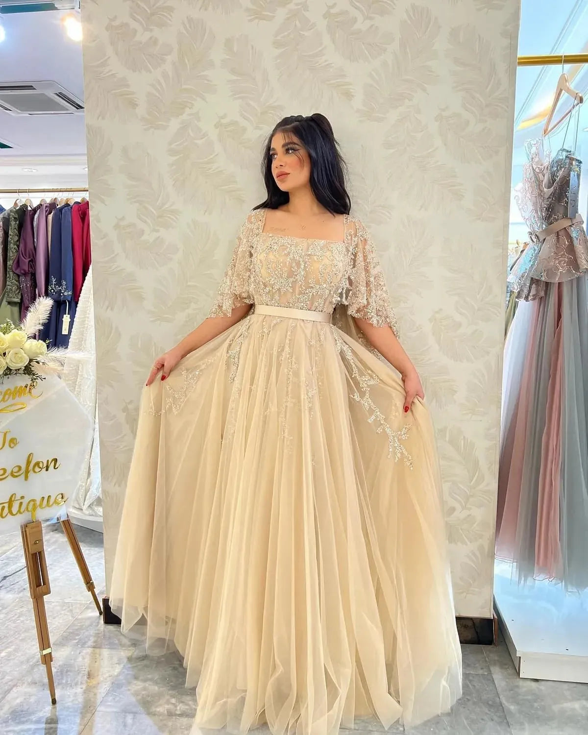 Champagne Appliques Lace Saudi Arabia Prom Dresses Cap Sleeves A Line Formal Evening Gowns Women Special Party Dress