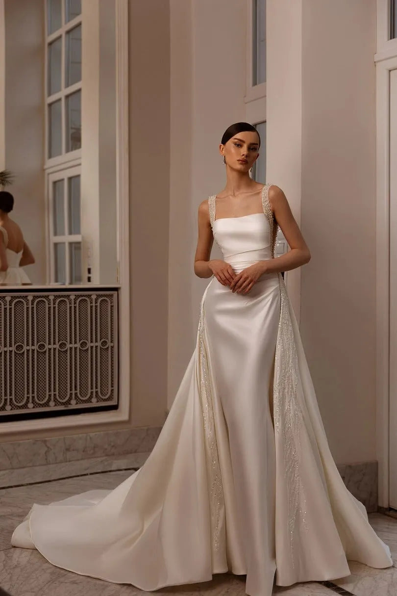 Elegant Silk Satin Mermaid Wedding Dress Detachable Train Glitter Straps Beadings Bridal Formal Gowns Graceful Vestidos De Novia