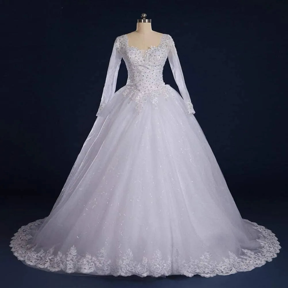 A-Line Luxury Princess Wedding Dresses Long Sleeve Lace Charming Bride Dress For Women